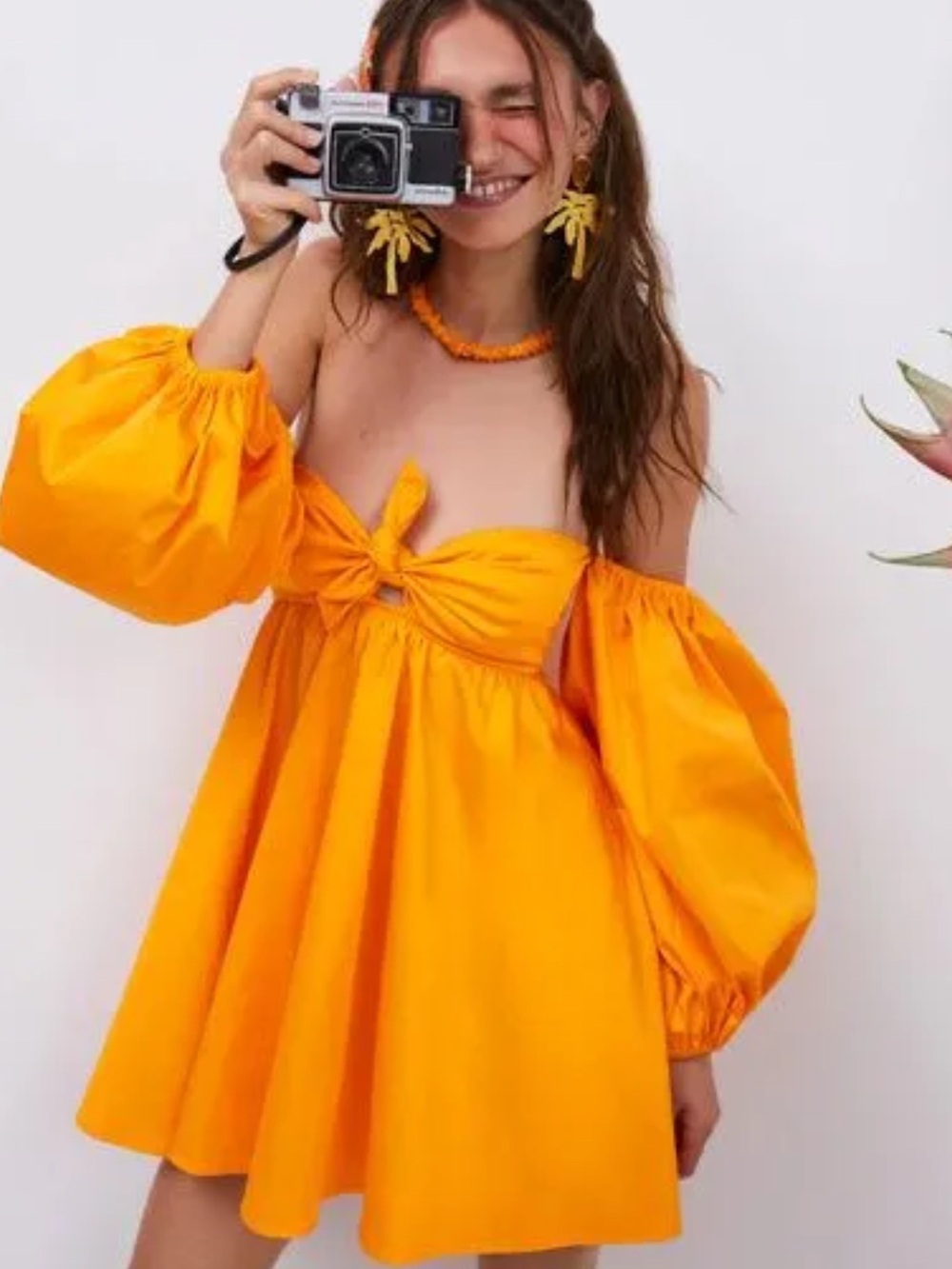 For Love and Lemons St Lucia Orange Puff-Sleeve Mini Dress NWT